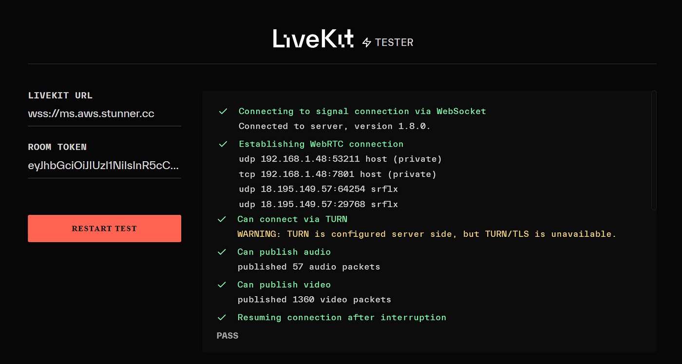 Successful connection test on LiveKit’s site